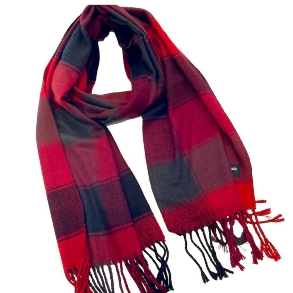 Red and green plaid hundred percent cashmere scarf made in Scotland